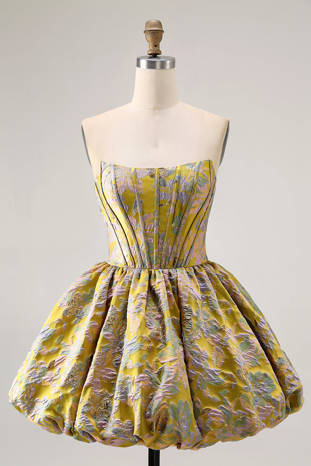 Yellow Strapless Floral Brocade A Line Short Homecoming Dress