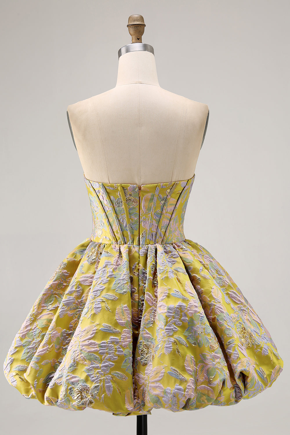 Yellow Strapless Floral Brocade A Line Short Homecoming Dress