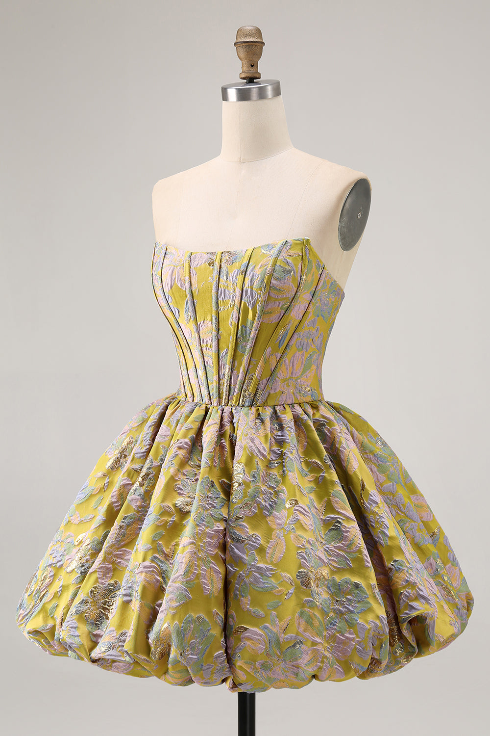 Yellow Strapless Floral Brocade A Line Short Homecoming Dress