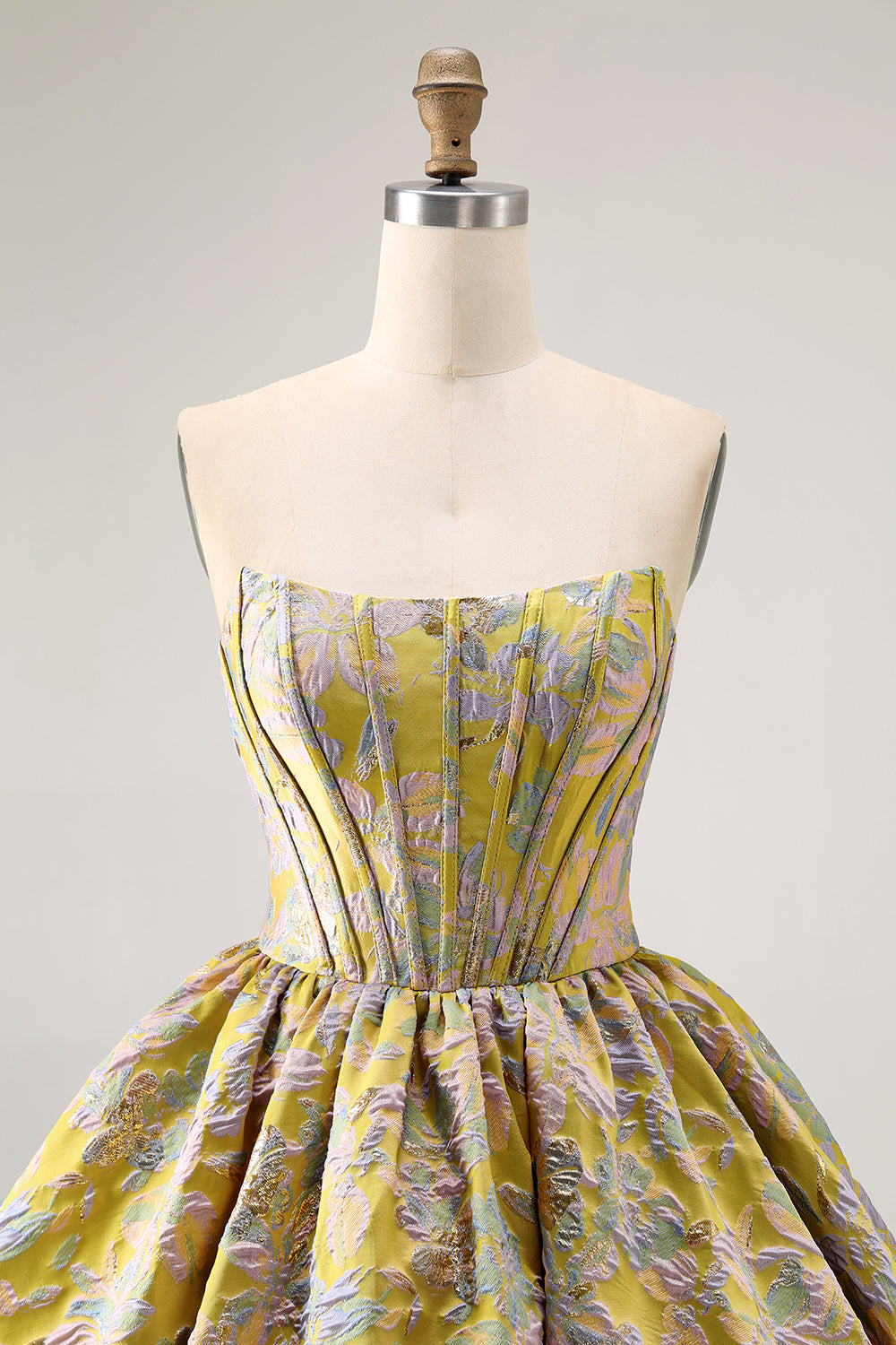 Yellow Strapless Floral Brocade A Line Short Homecoming Dress