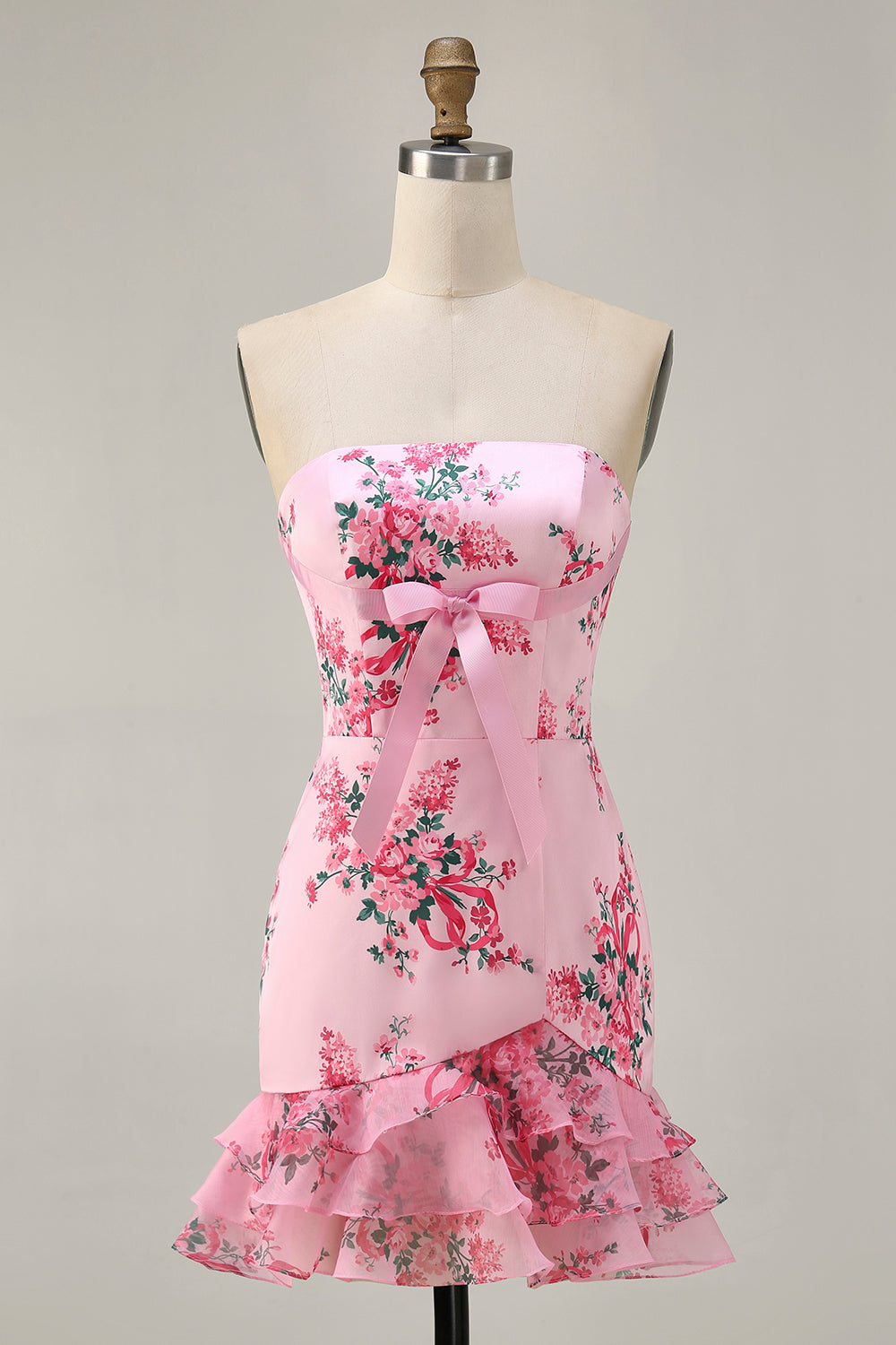 White Blue Flower Bodycon Strapless Printed Short Homecoming Dress