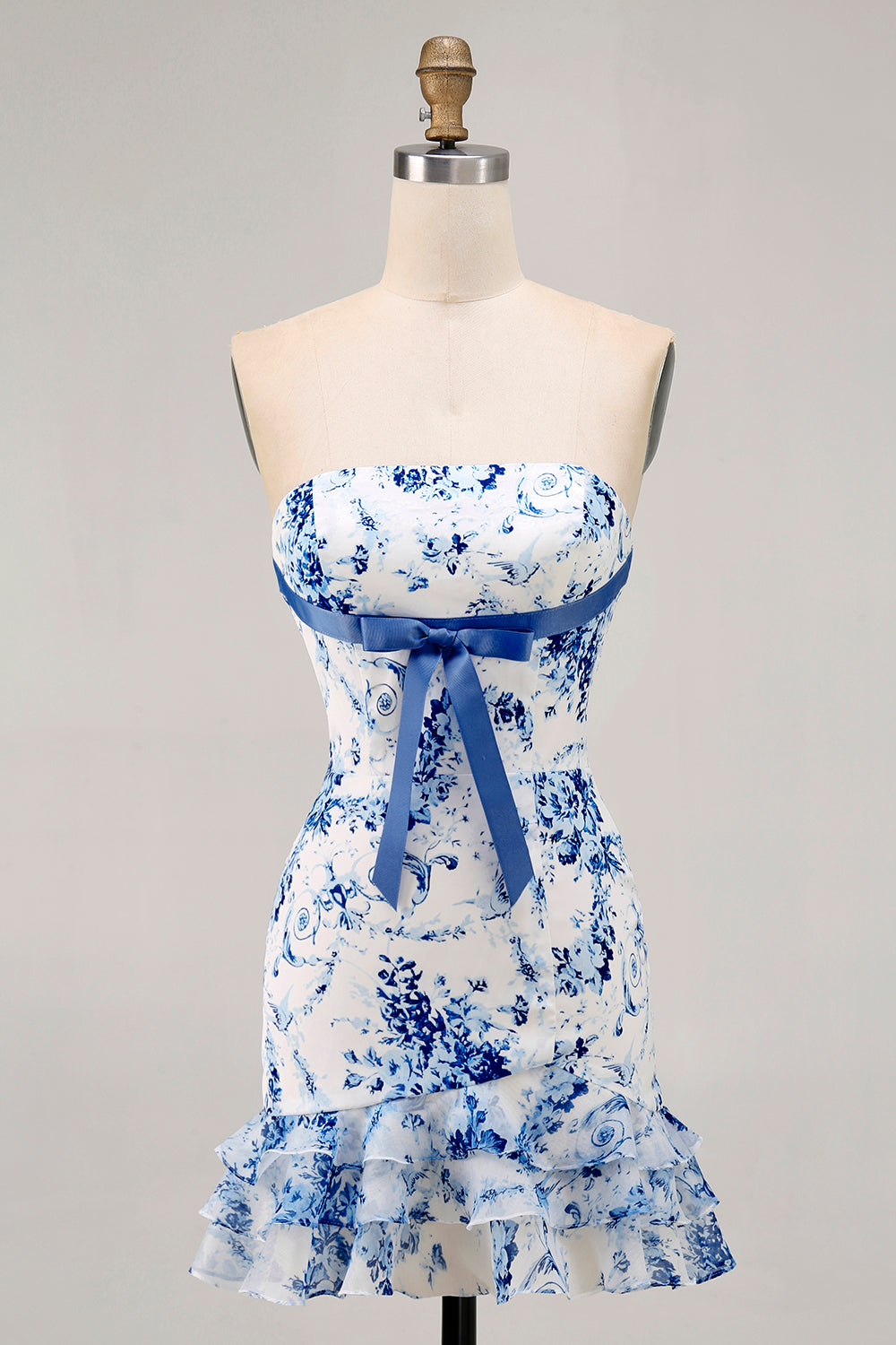 White Blue Flower Bodycon Strapless Printed Short Homecoming Dress