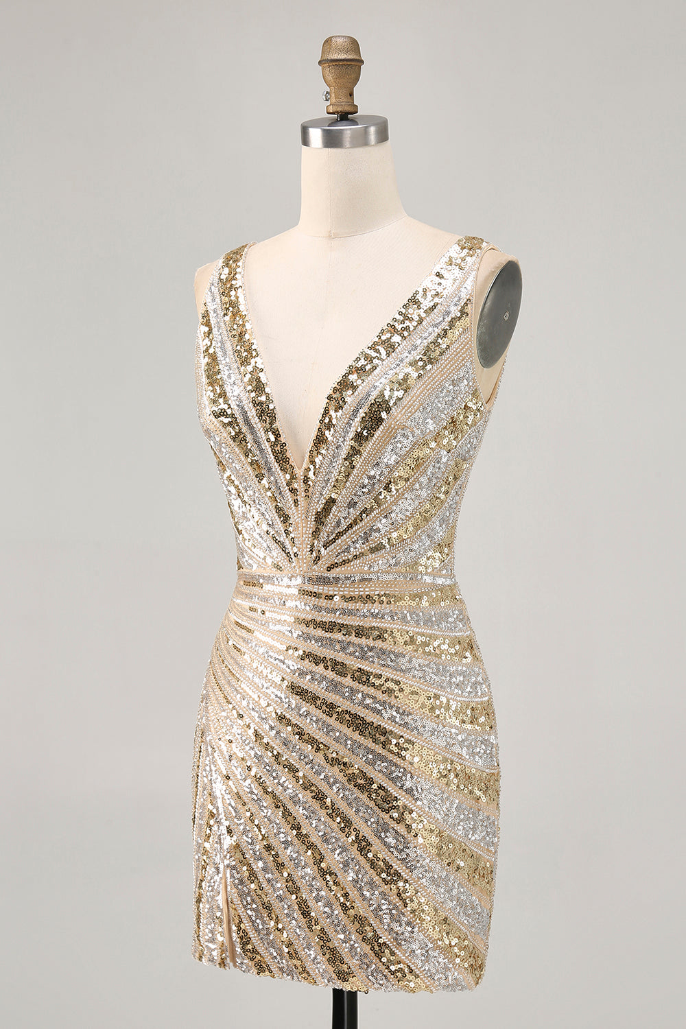 Sparkly Golden Bodycon Sequins V-Neck Homecoming Dress