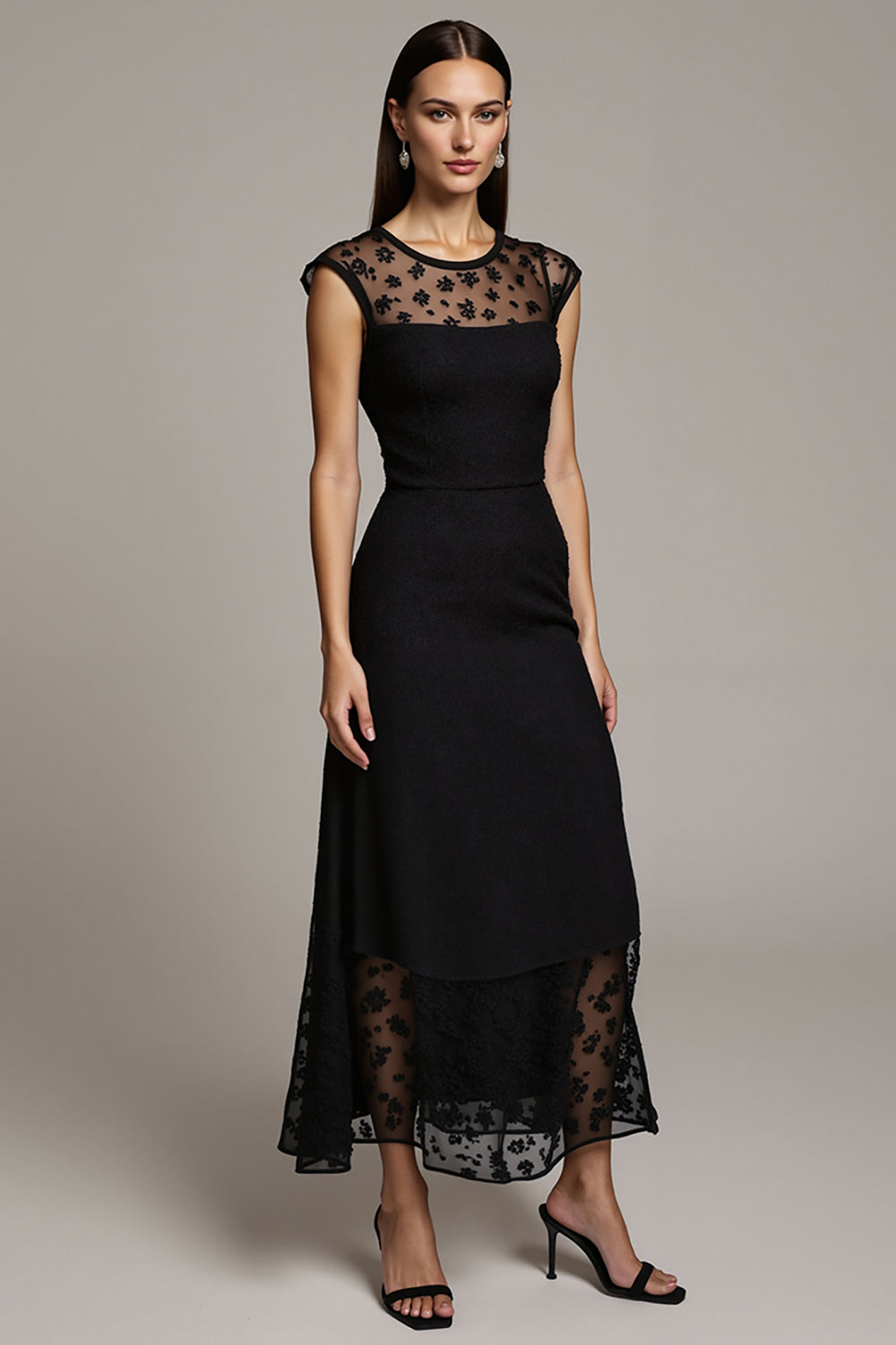 A Line Black Long Lace Work Dress