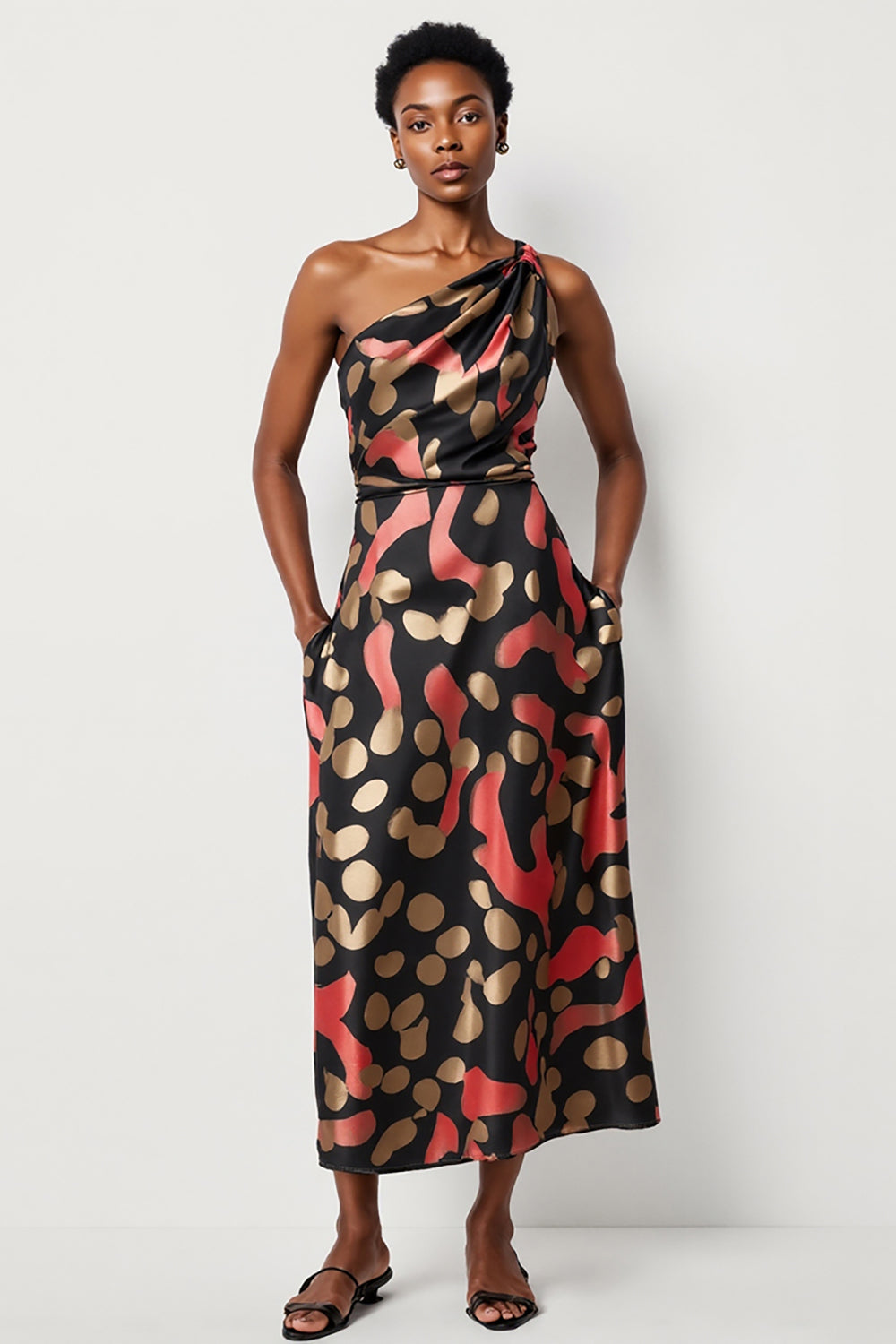 A Line Black Printed One Shoulder Long Work Dress with Pockets