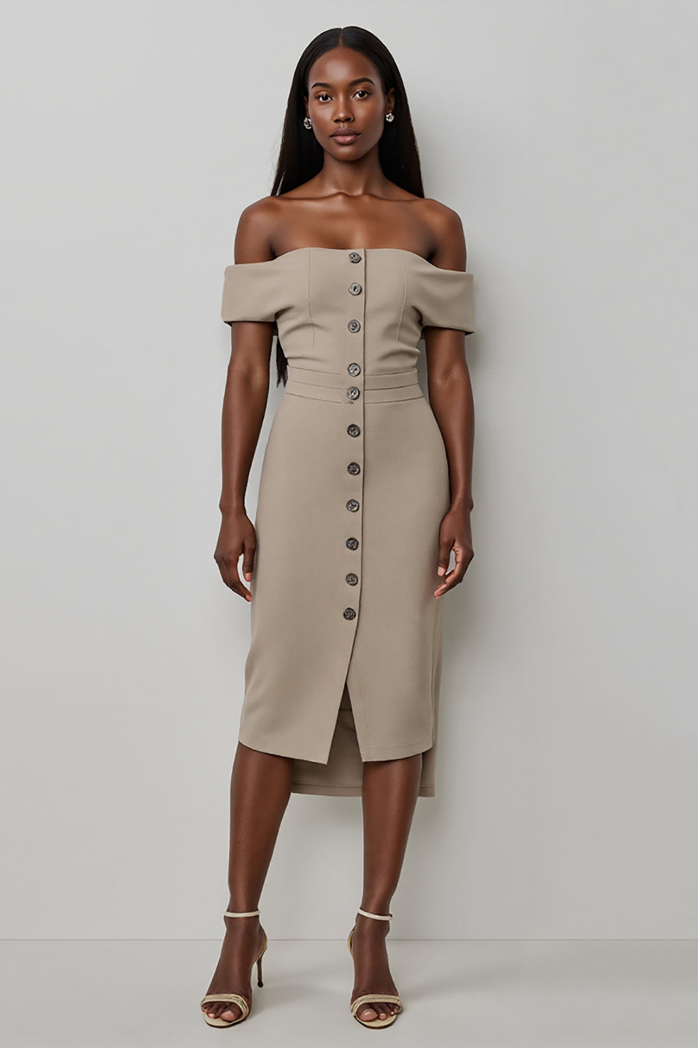 Khaki Satin Off the Shoulder Bodycon Midi Work Dress with Buttons