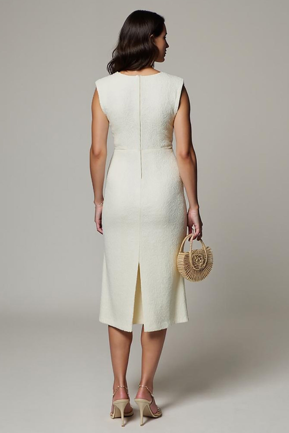 White Bodycon V-Neck Work Dress with 3D Flower