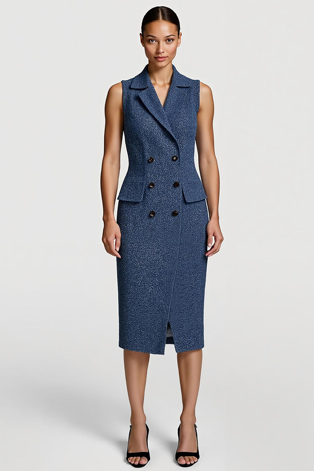 Grey Blue Bodycon Notched Lapel Midi Work Dress with Slit