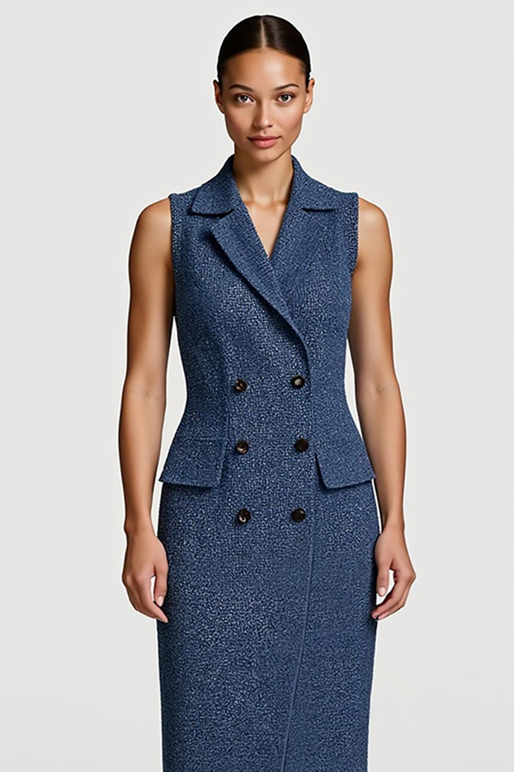 Grey Blue Bodycon Notched Lapel Midi Work Dress with Slit