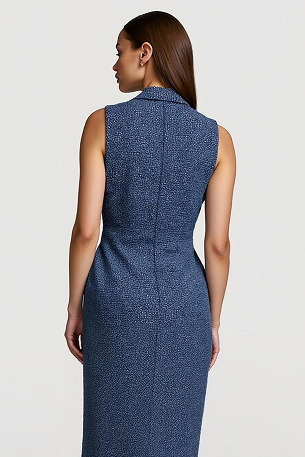 Grey Blue Bodycon Notched Lapel Midi Work Dress with Slit