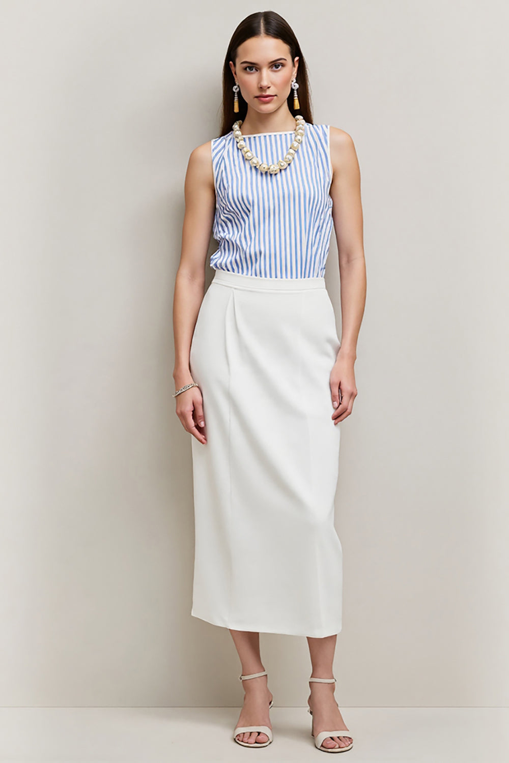 White Blue Bodycon Striped Tea Length Work Dress with Slit
