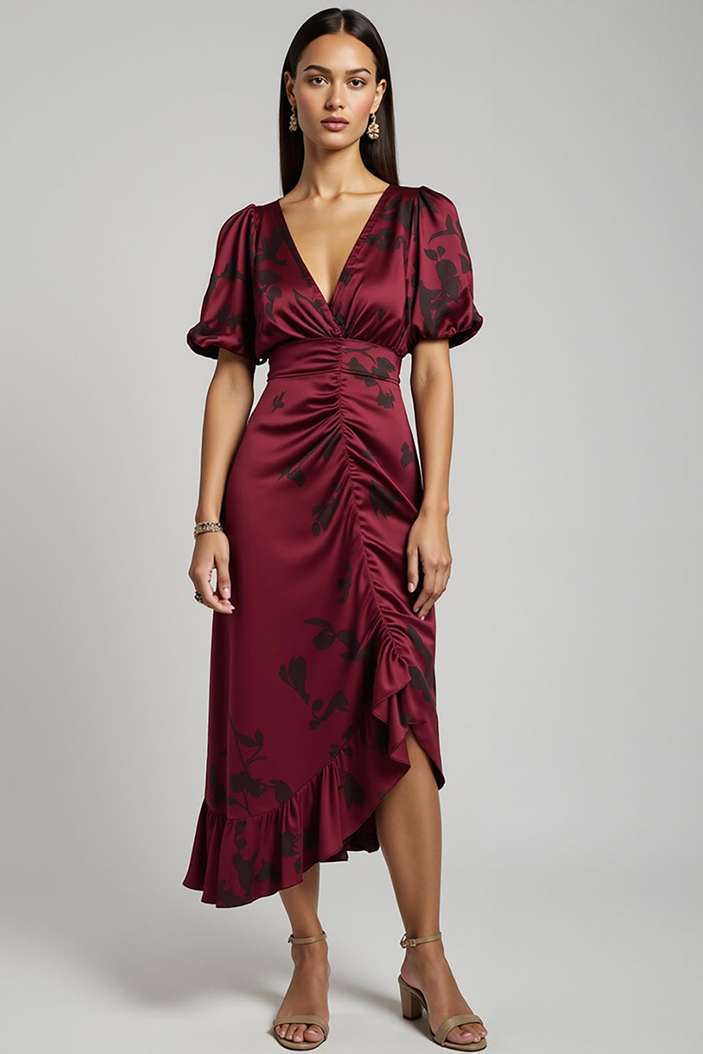 A-Line Burgundy V-Neck Ruched Work Dress