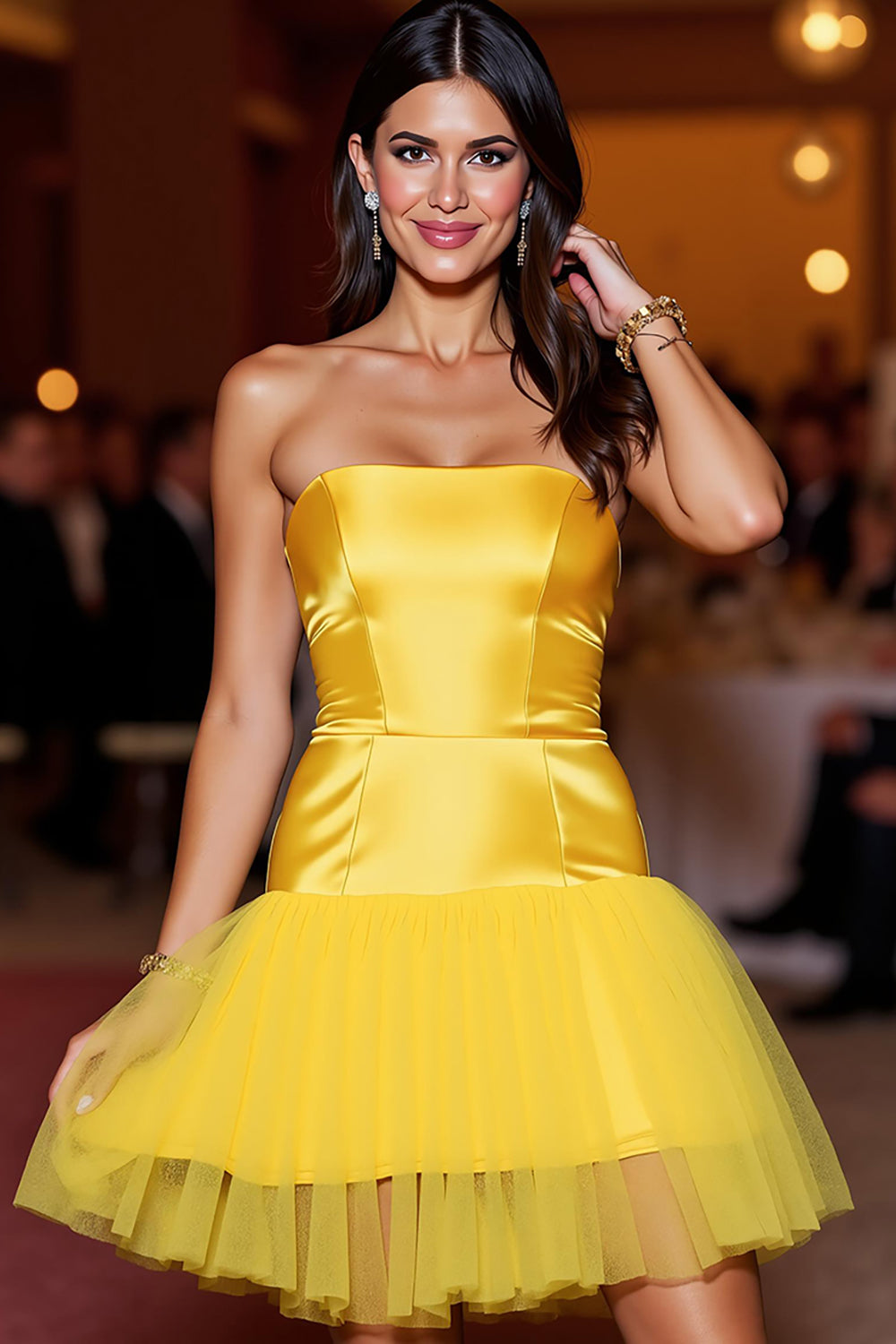 Yellow Satin Strapless Short Homecoming Dress with Ruffles