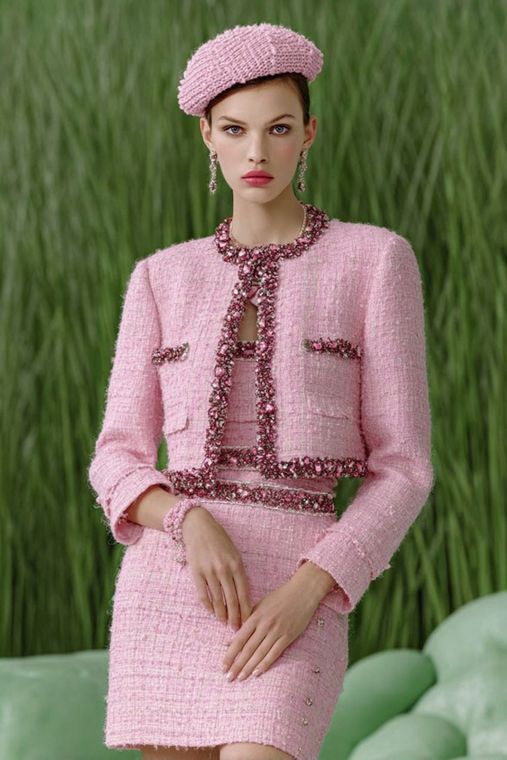 Bodycon Short 2-Piece Tweed Pink Homecoming Outfits