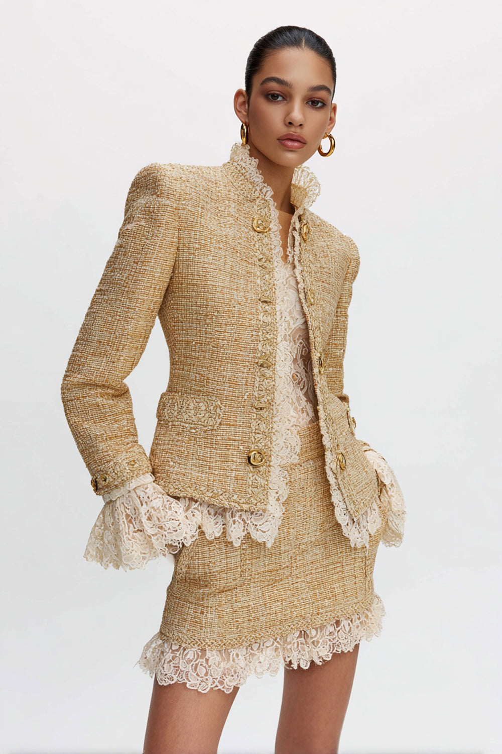 Golden Tweed Bodycon High Neck Short Homecoming Outfits with Plaid
