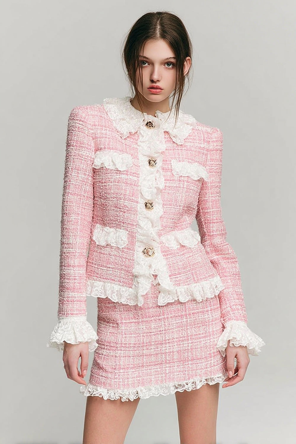 2-Piece Bodycon Peter Pan Collar Short Pink Homecoming Outfits with Lace