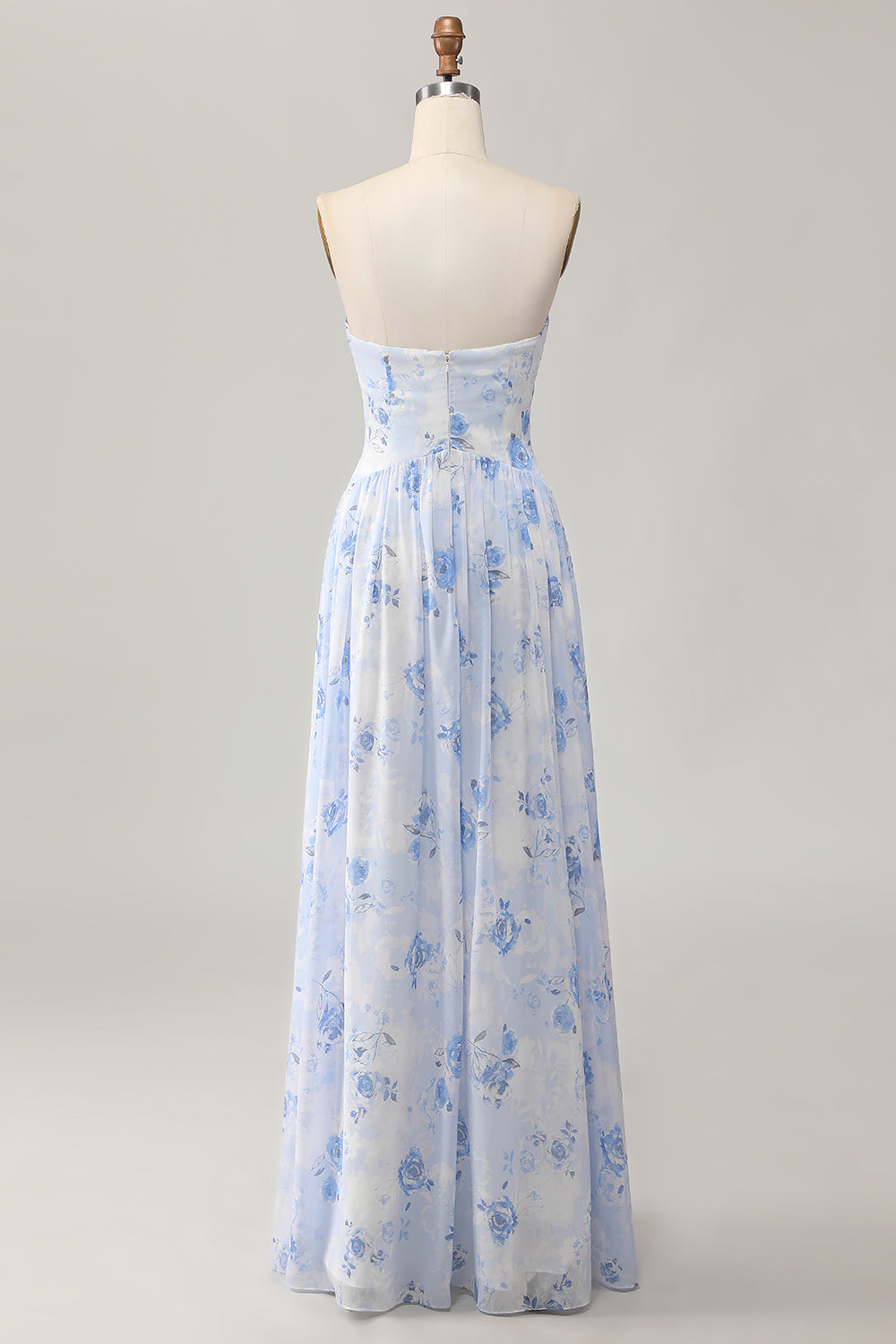 Strapless Blue Flower A-Line Printed Wedding Guest Dress with Slit