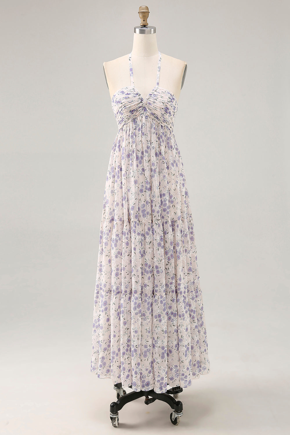 Floral Ruched A Line Blue Halter Long Wedding Guest Dress