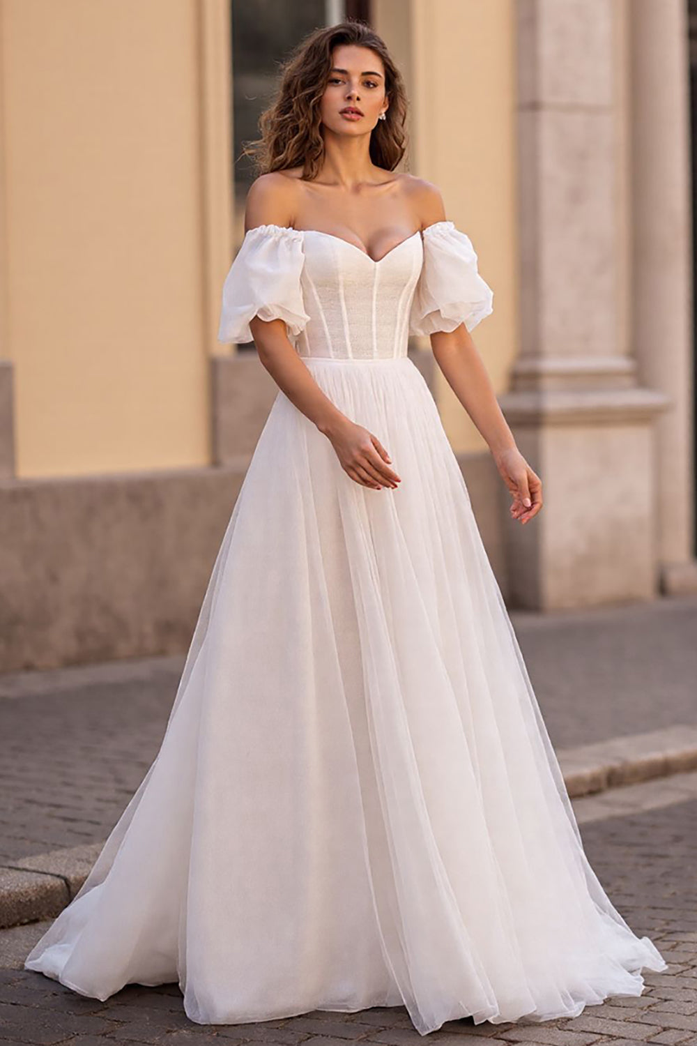 Off The Shoulder Corset Ivory A Line Tulle Wedding Dress