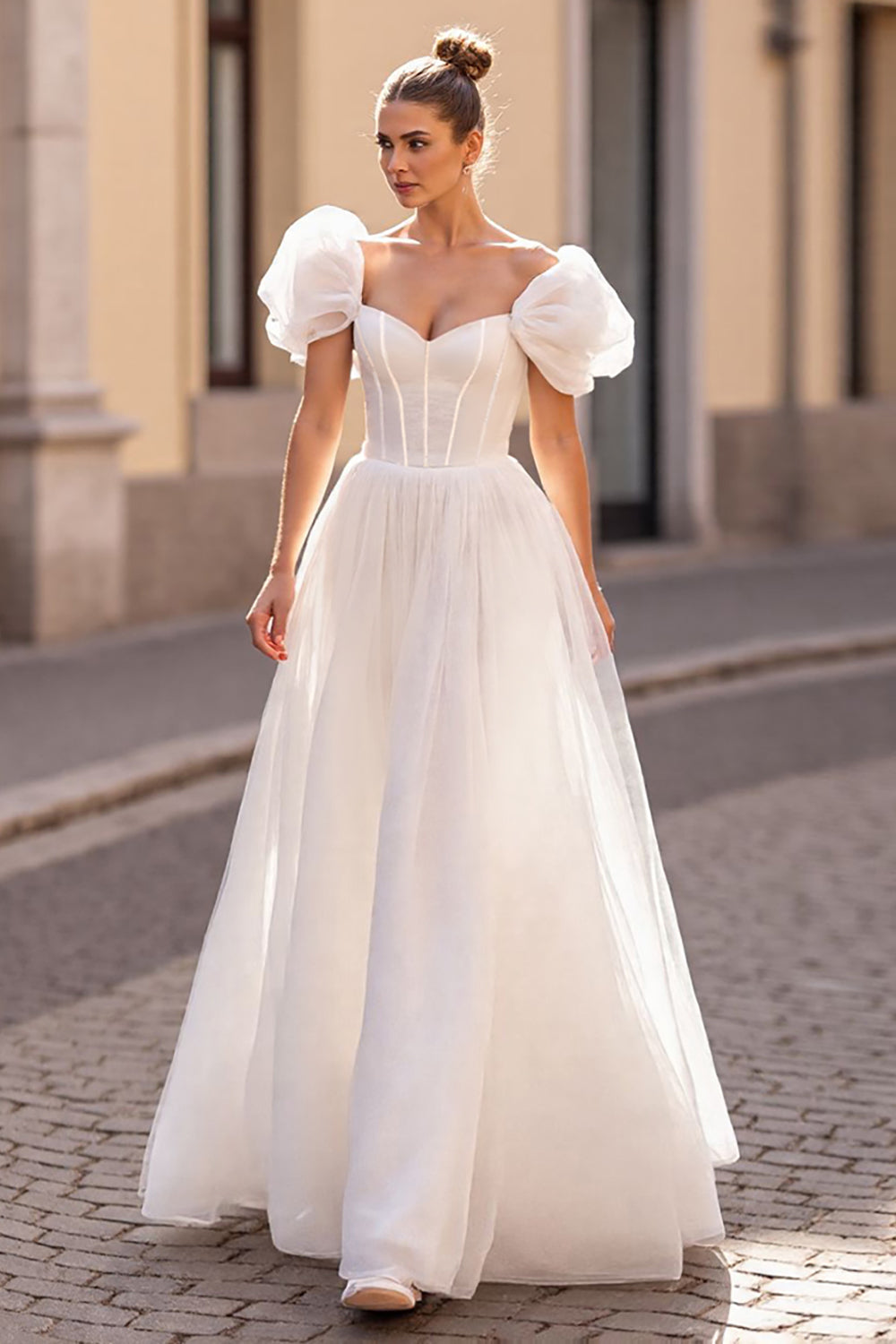 Off The Shoulder Corset Ivory A Line Tulle Wedding Dress