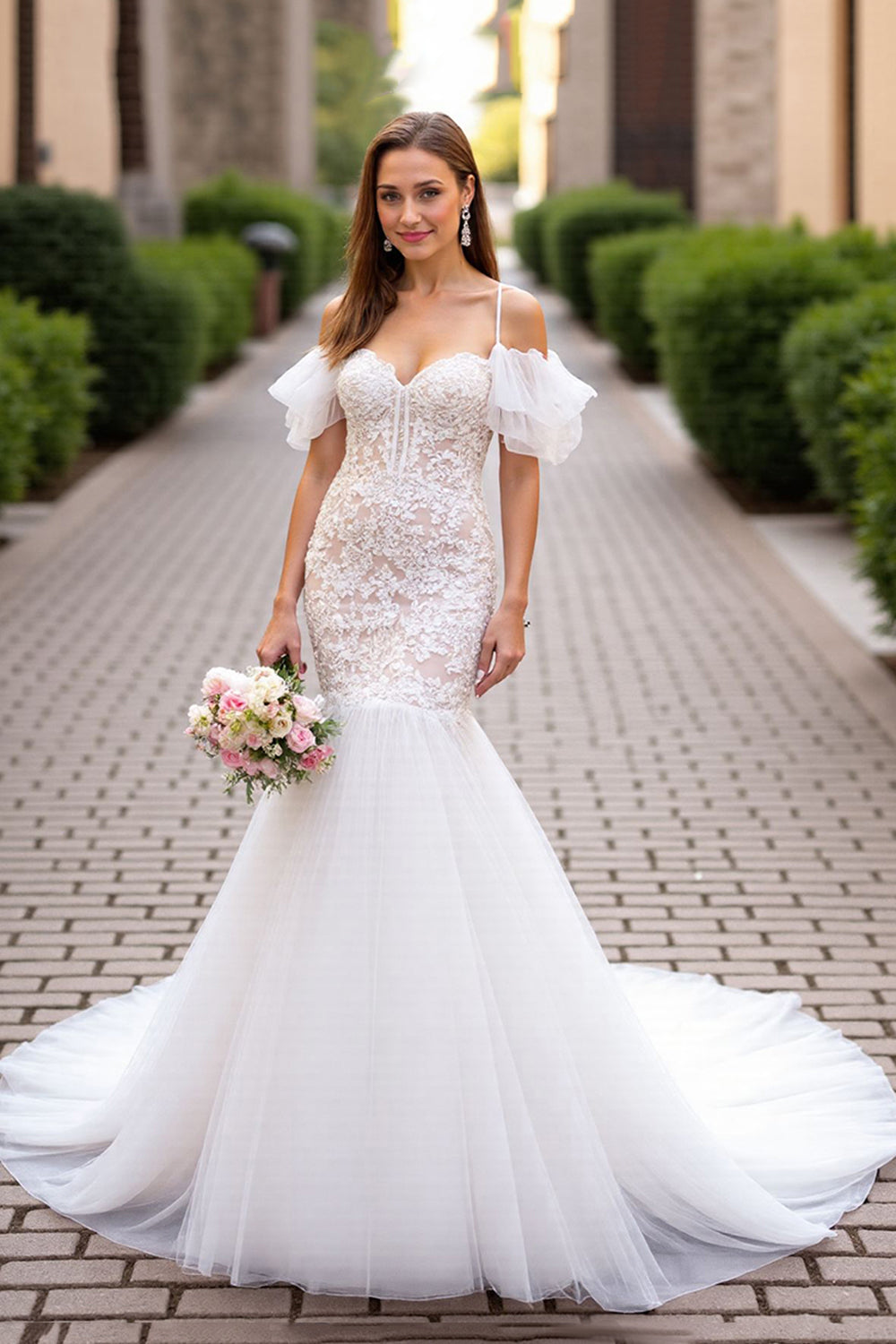 Cold Shoulder Ruffled Ivory Mermaid Lace Wedding Dress