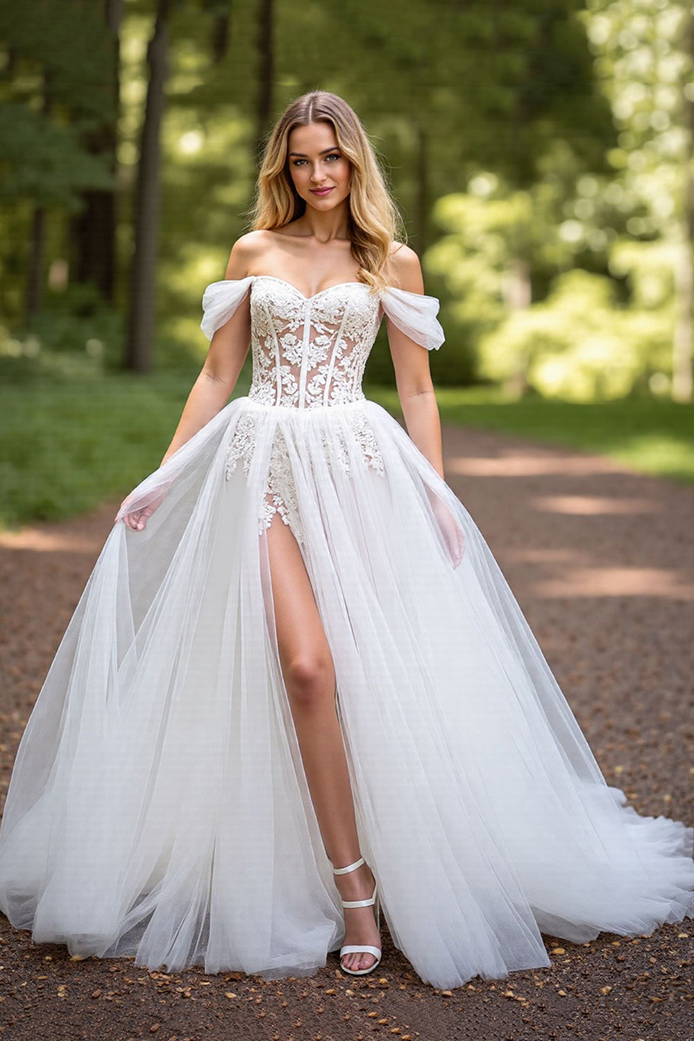 Off The Shoulder Corset Ivory A Line Wedding Dress with Slit