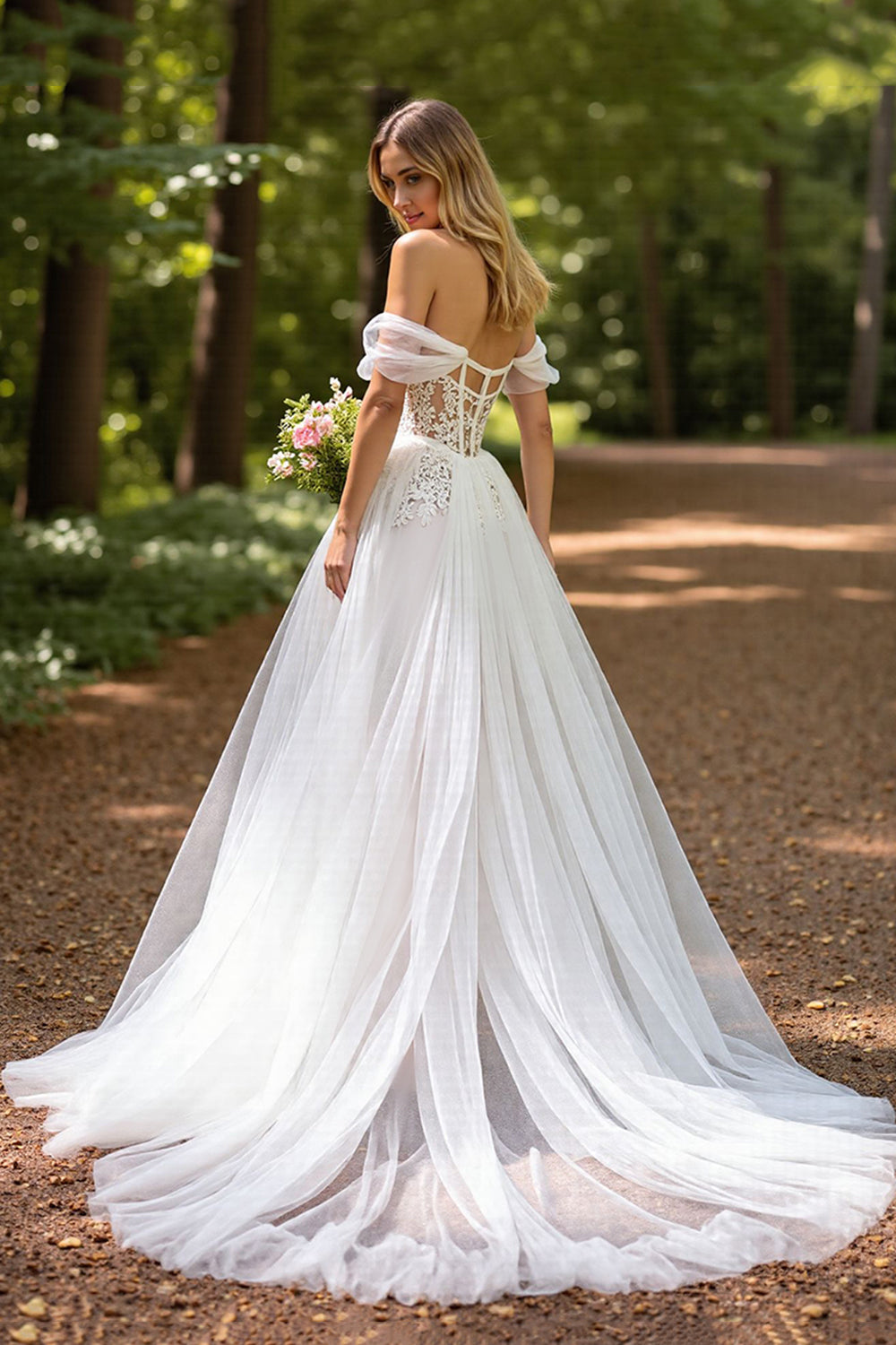 Off The Shoulder Corset Ivory A Line Wedding Dress with Slit