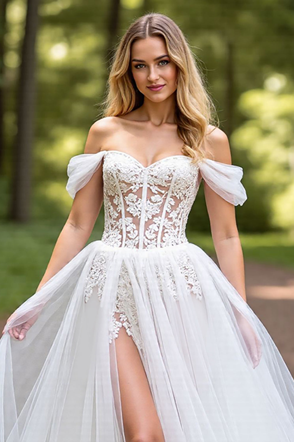Off The Shoulder Corset Ivory A Line Wedding Dress with Slit