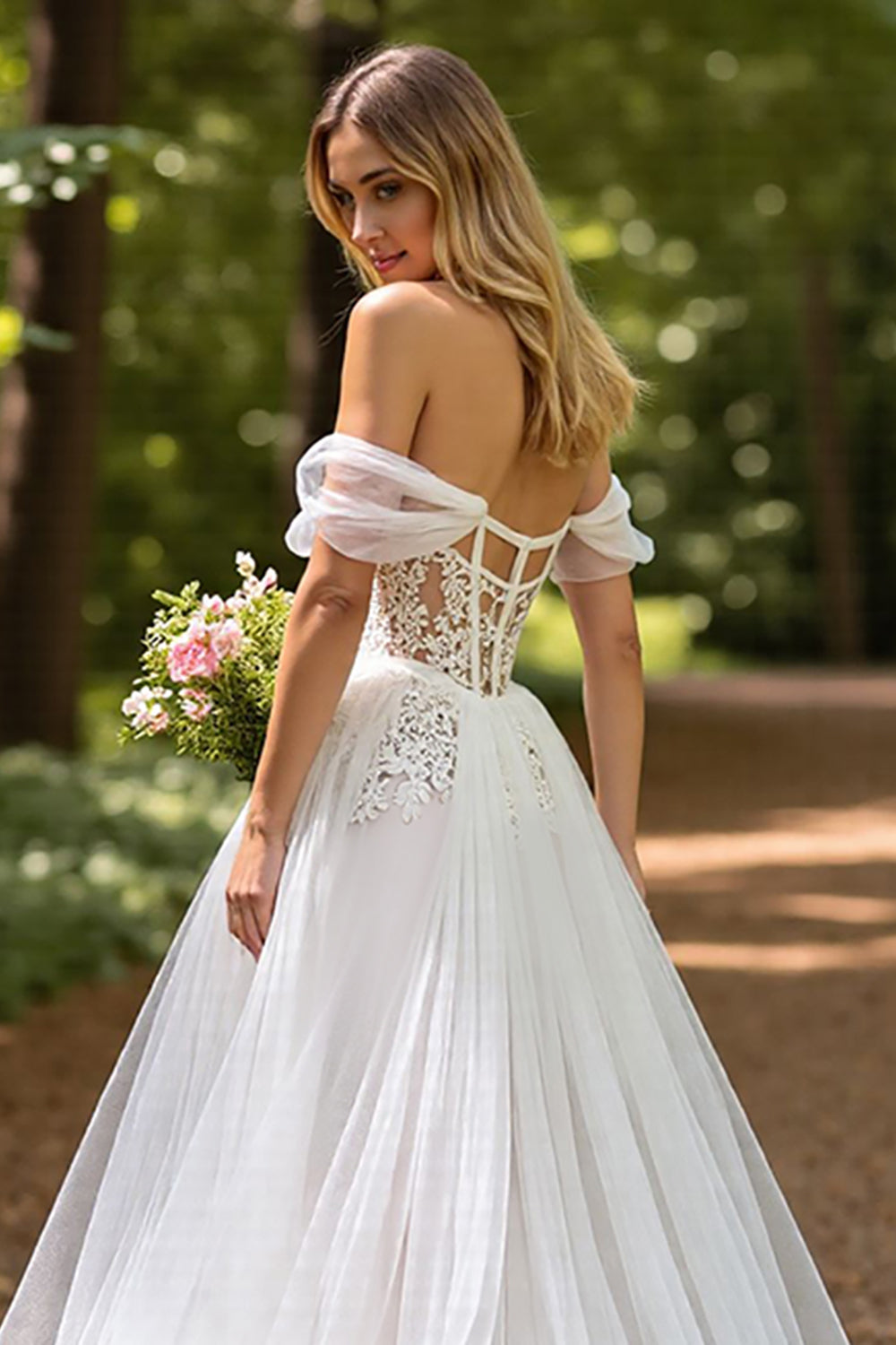 Off The Shoulder Corset Ivory A Line Wedding Dress with Slit