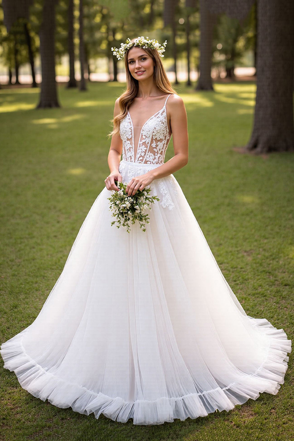 Ruffled A Line Corset Ivory Lace Wedding Dress