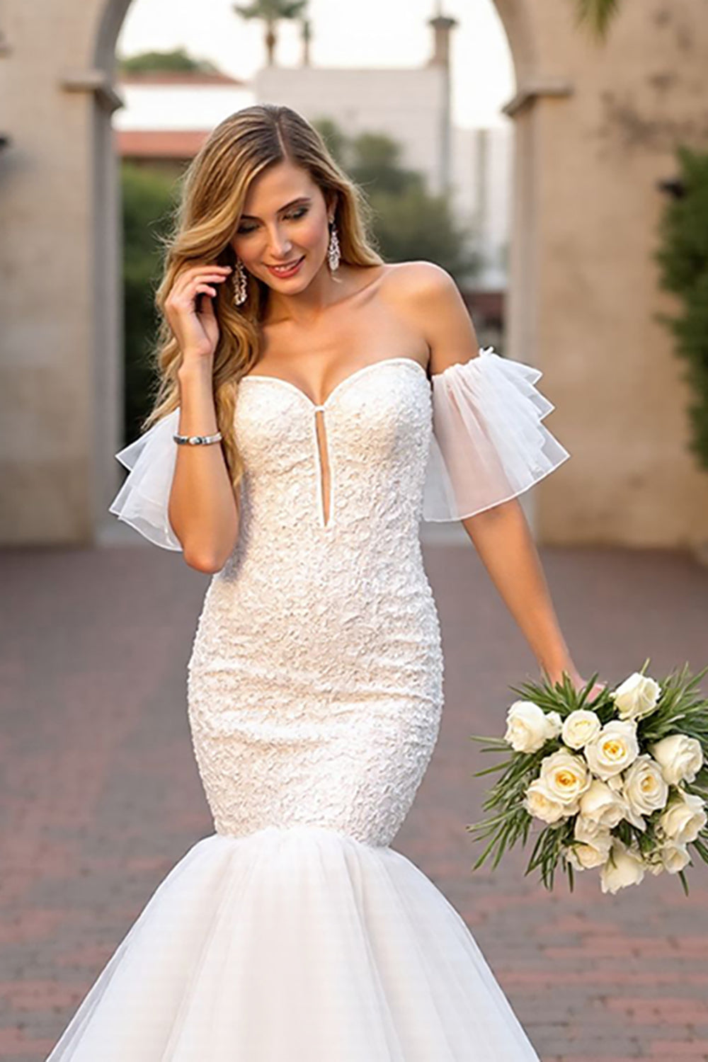 Off The Shoulder Ruffled Ivory Mermaid Wedding Dress
