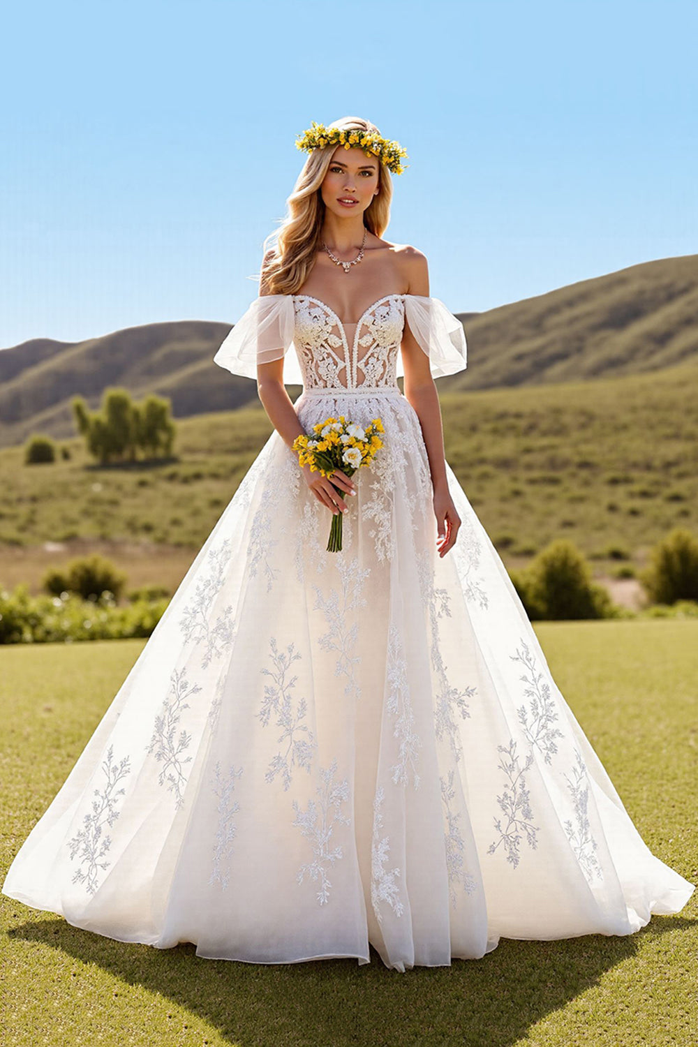 Ruffled Off The Shoulder Ivory A Line Wedding Dress