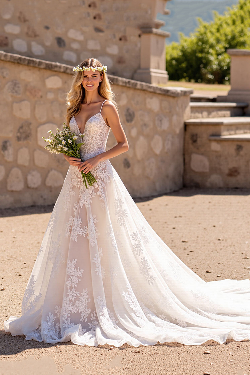 A Line Appliqued V Neck Ivory Lace Wedding Dress
