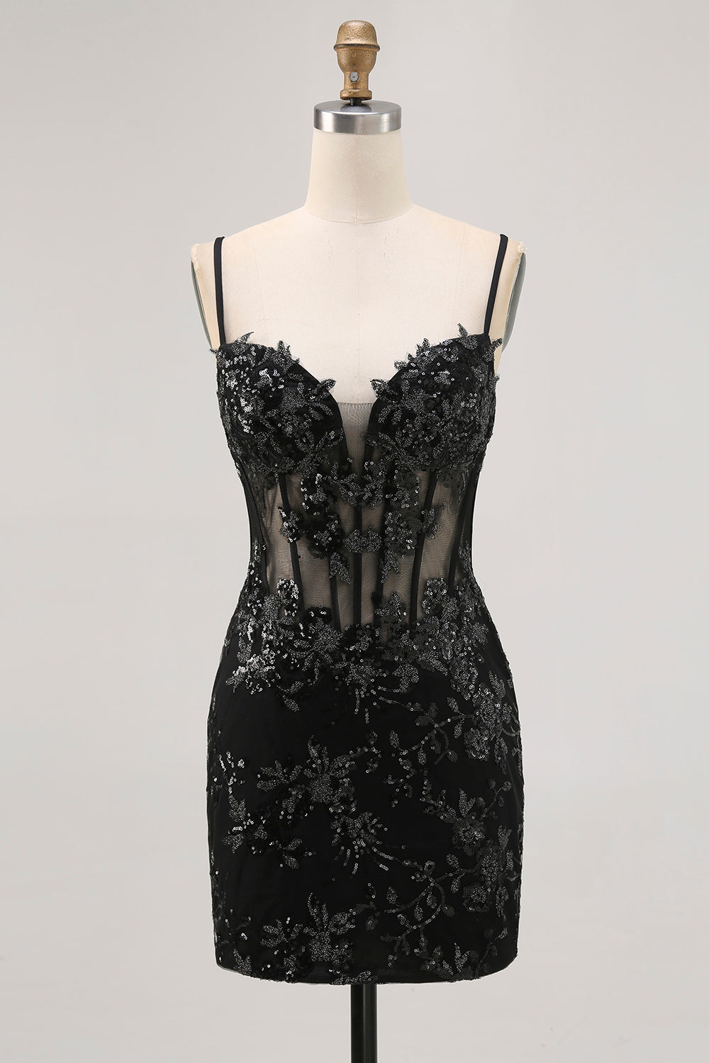 Black Bodycon Backless Sheer Corset Short Homecoming Dress with Sequins