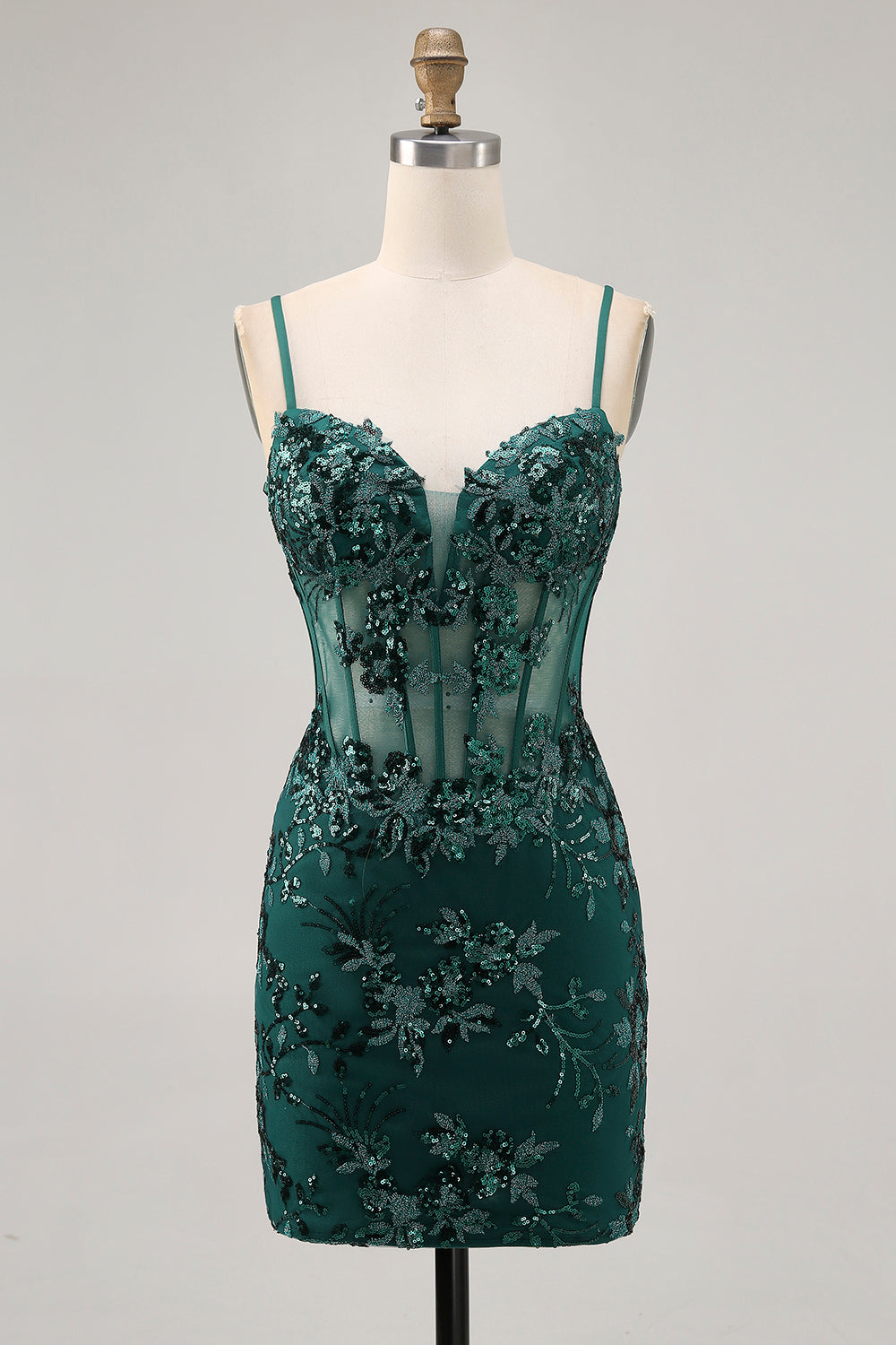 Dark Green Bodycon Backless Sheer Corset Homecoming Dress with Sequins