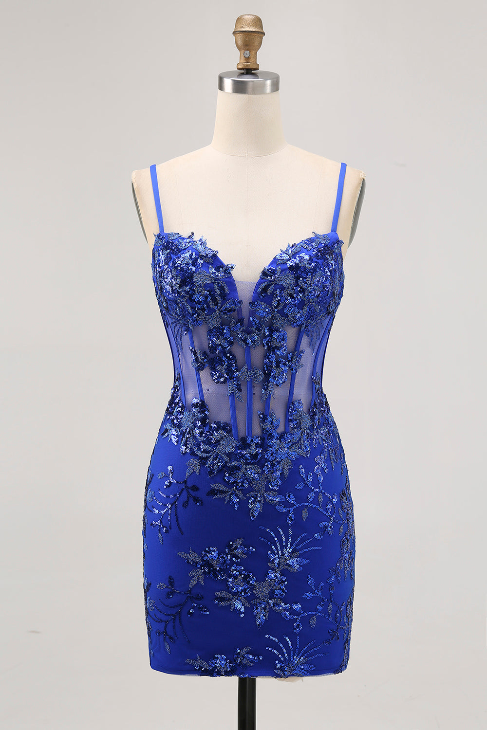 Royal Blue Bodycon Sheer Corset Short Homecoming Dress with Sequins