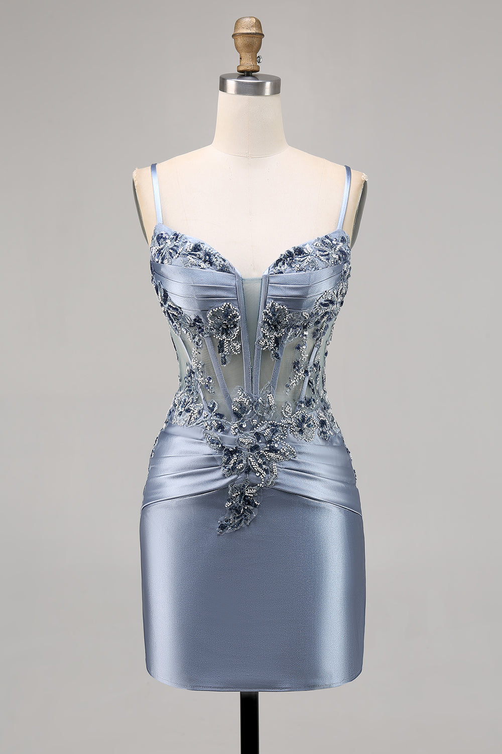 Grey Blue Bodycon Beaded Corset Homecoming Dress with Appliques