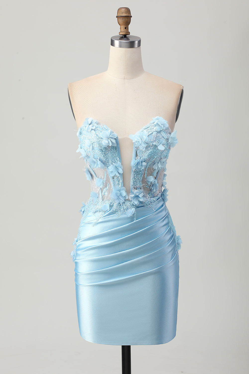 Sky Blue Satin Strapless Bodycon Short Homecoming Dres with Sequins