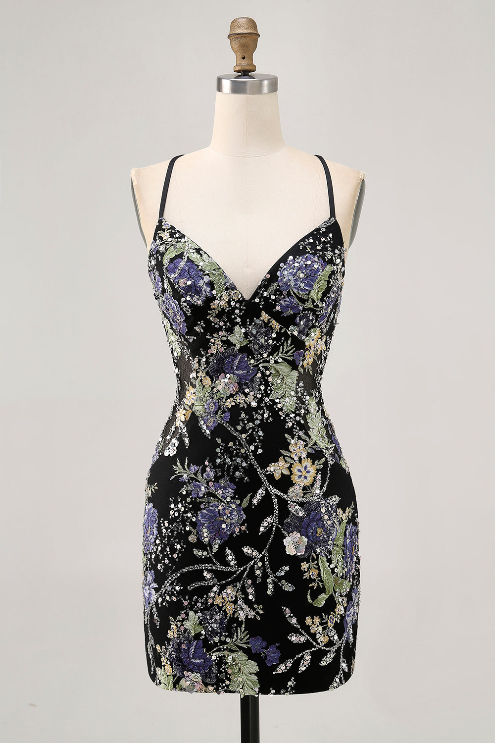 Sparkly Bodycon Spaghetti Straps Sequins Floral Short Homecoming Dress with Lace Up Back
