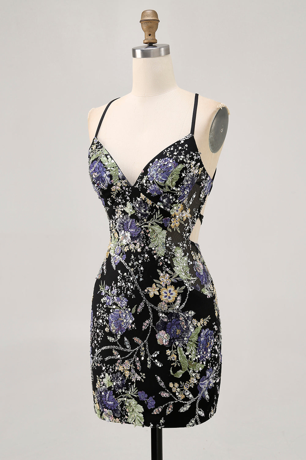 Sparkly Bodycon Spaghetti Straps Sequins Floral Short Homecoming Dress with Lace Up Back