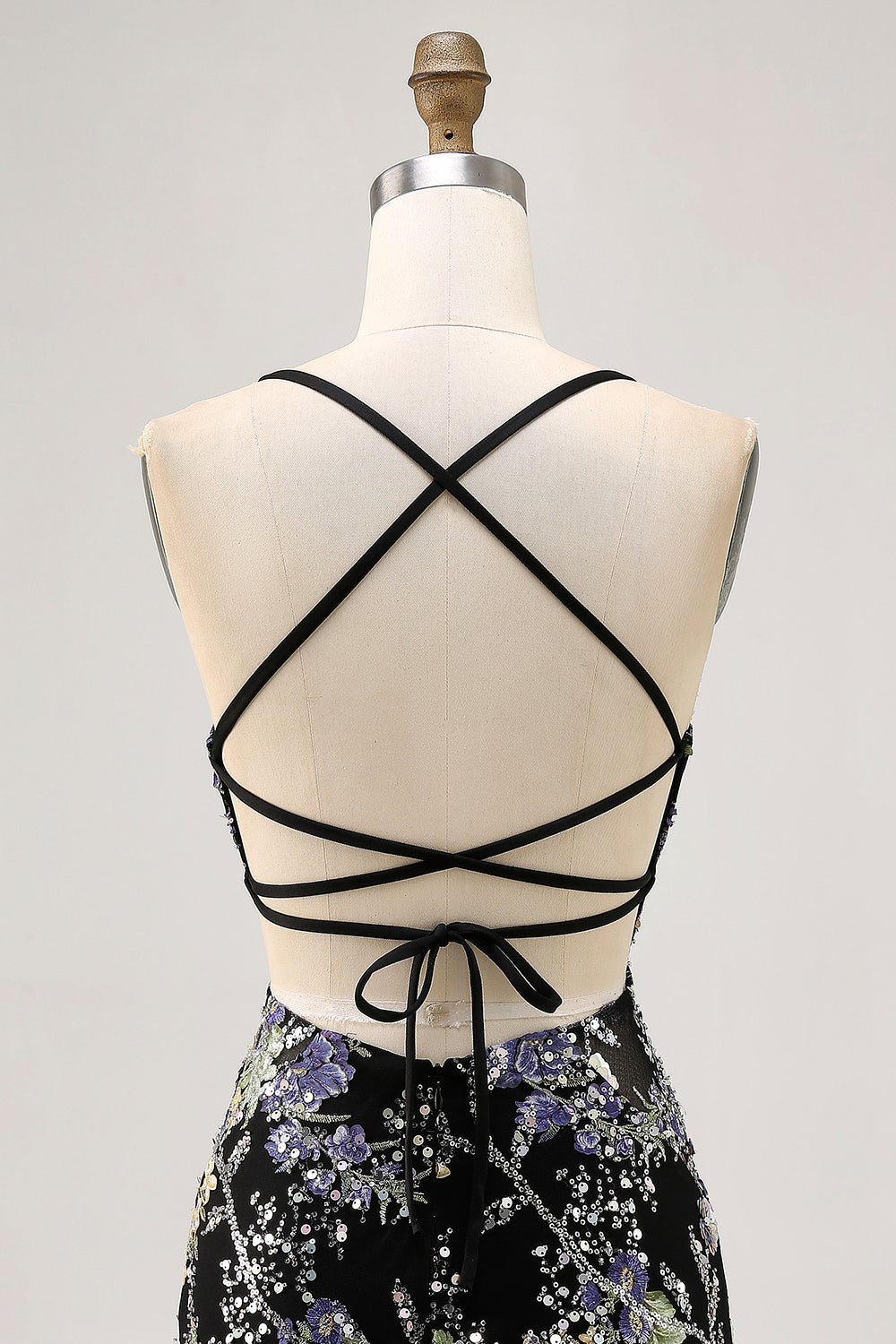 Sparkly Bodycon Spaghetti Straps Sequins Floral Short Homecoming Dress with Lace Up Back