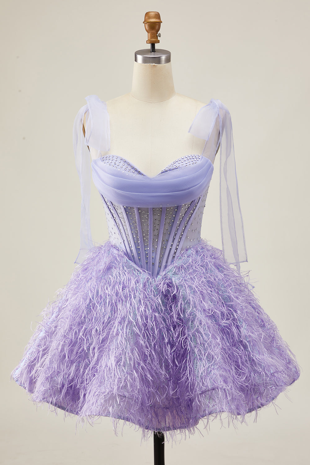 Lilac A-Line Spaghetti Straps Corset Beaded Short Homecoming Dress with Feathers