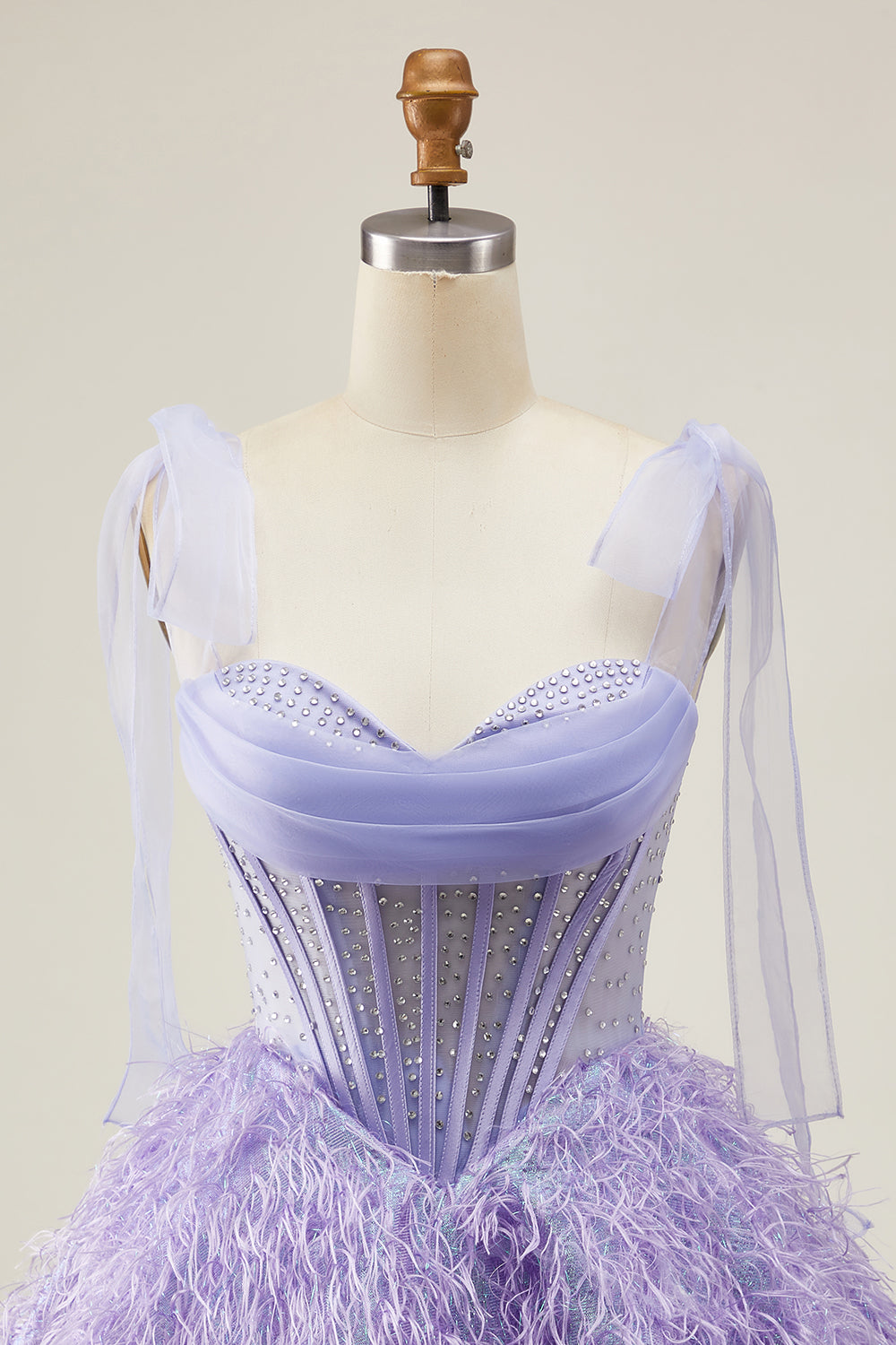 Lilac A-Line Spaghetti Straps Corset Beaded Short Homecoming Dress with Feathers