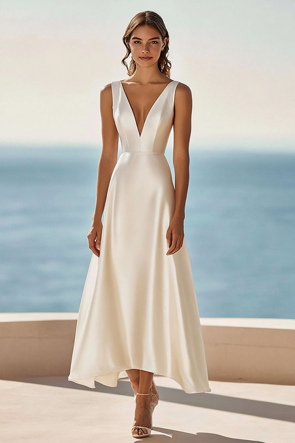 A-Line Ivory V-Neck Long Engagement Dress