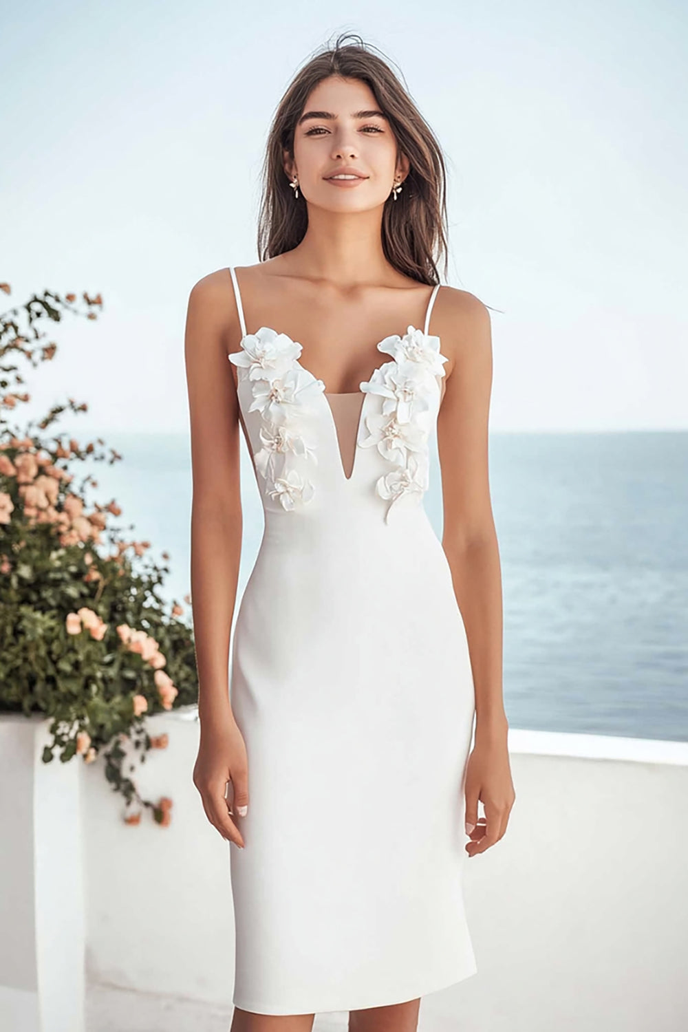 Ivory Spaghetti Straps Bodycon Engagement Dress with 3D Flower