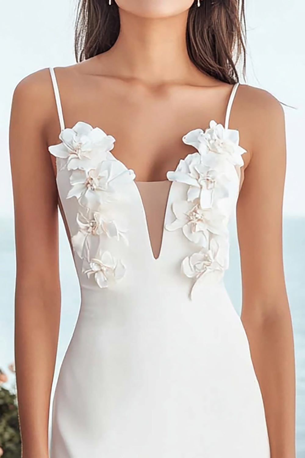 Ivory Spaghetti Straps Bodycon Engagement Dress with 3D Flower