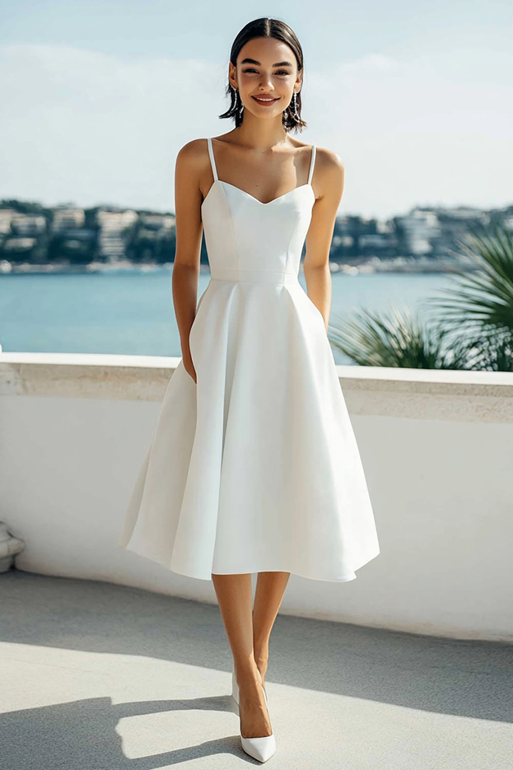 A-Line Ivory Spaghetti Straps Satin Engagement Dress