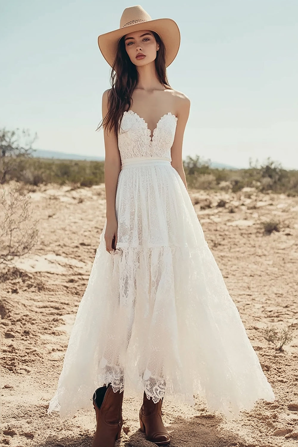 A Line Ivory Strapless Lace Long Engagement Dress