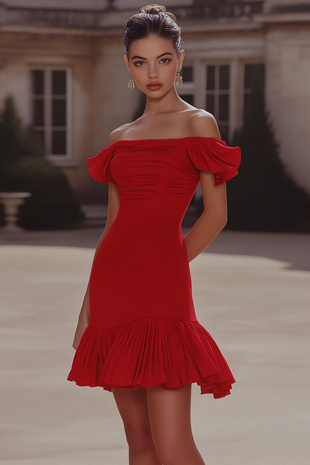Red Bodycon Ruffled Short Cocktail Dress