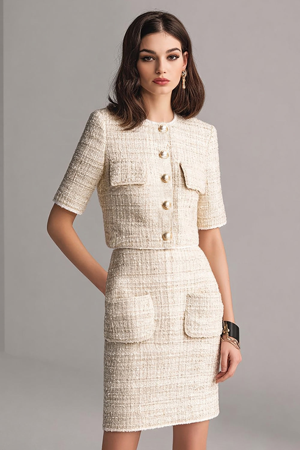 Ivory 2-Piece Bodycon Round Neck Knee-Length Work Dress with Pockets